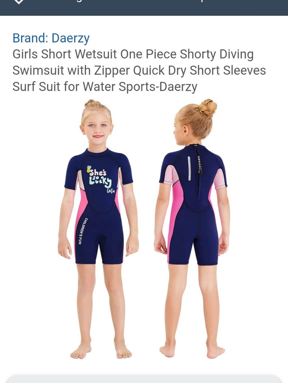 Dive & Sail Kids Shorty Wetsuit Sz S Pink Navy Neoprene “She’s So Lucky” Cactus
